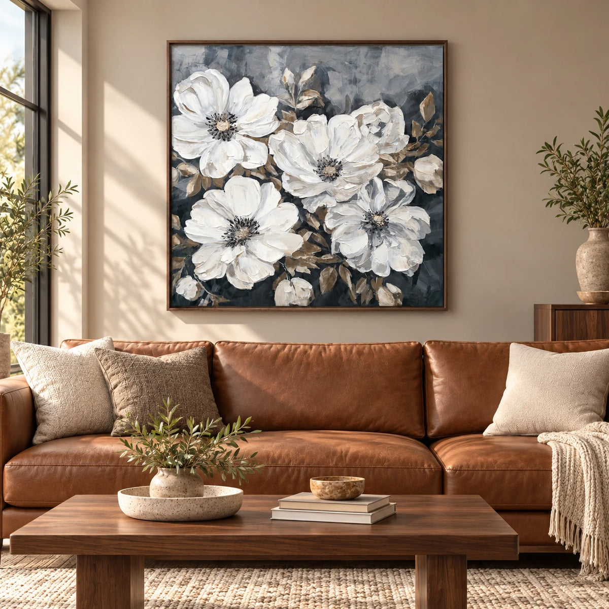 White Neutral Floral Oil Painting MT#2640 — Dark Wood Frame existing room preview