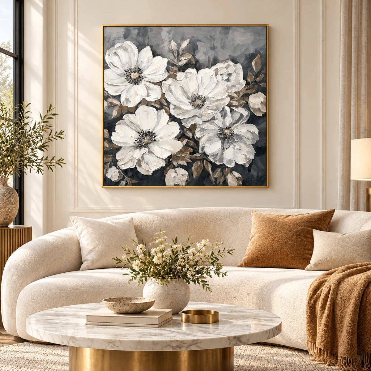 White Neutral Floral Oil Painting MT#2640 — Gold Frame existing room preview