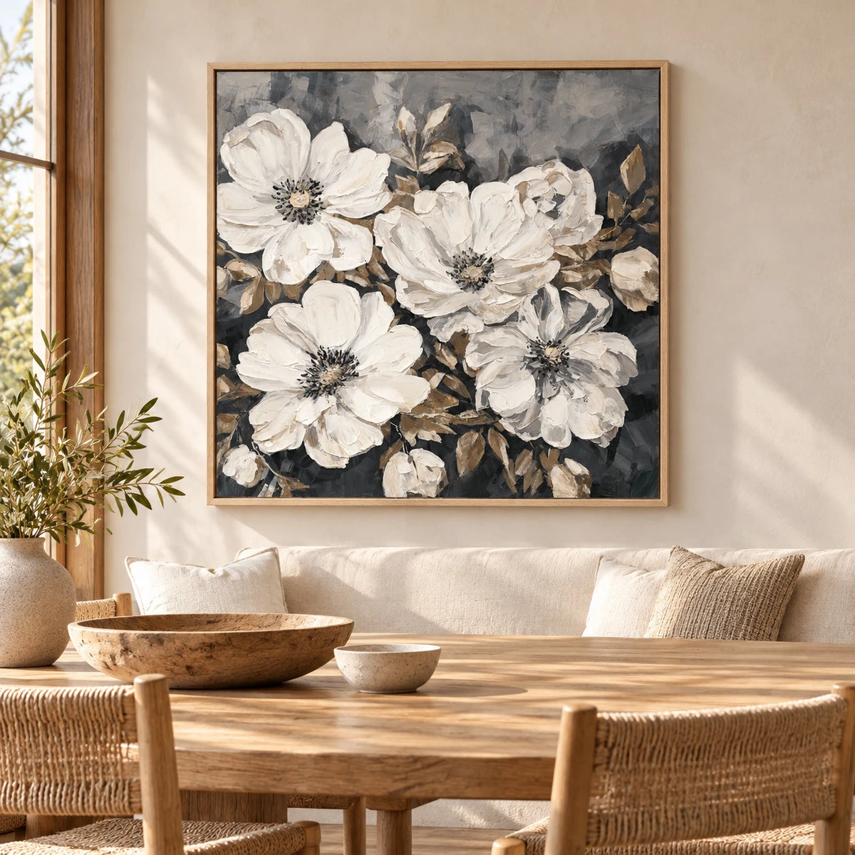 White Neutral Floral Oil Painting MT#2640 — Wood Frame existing room preview