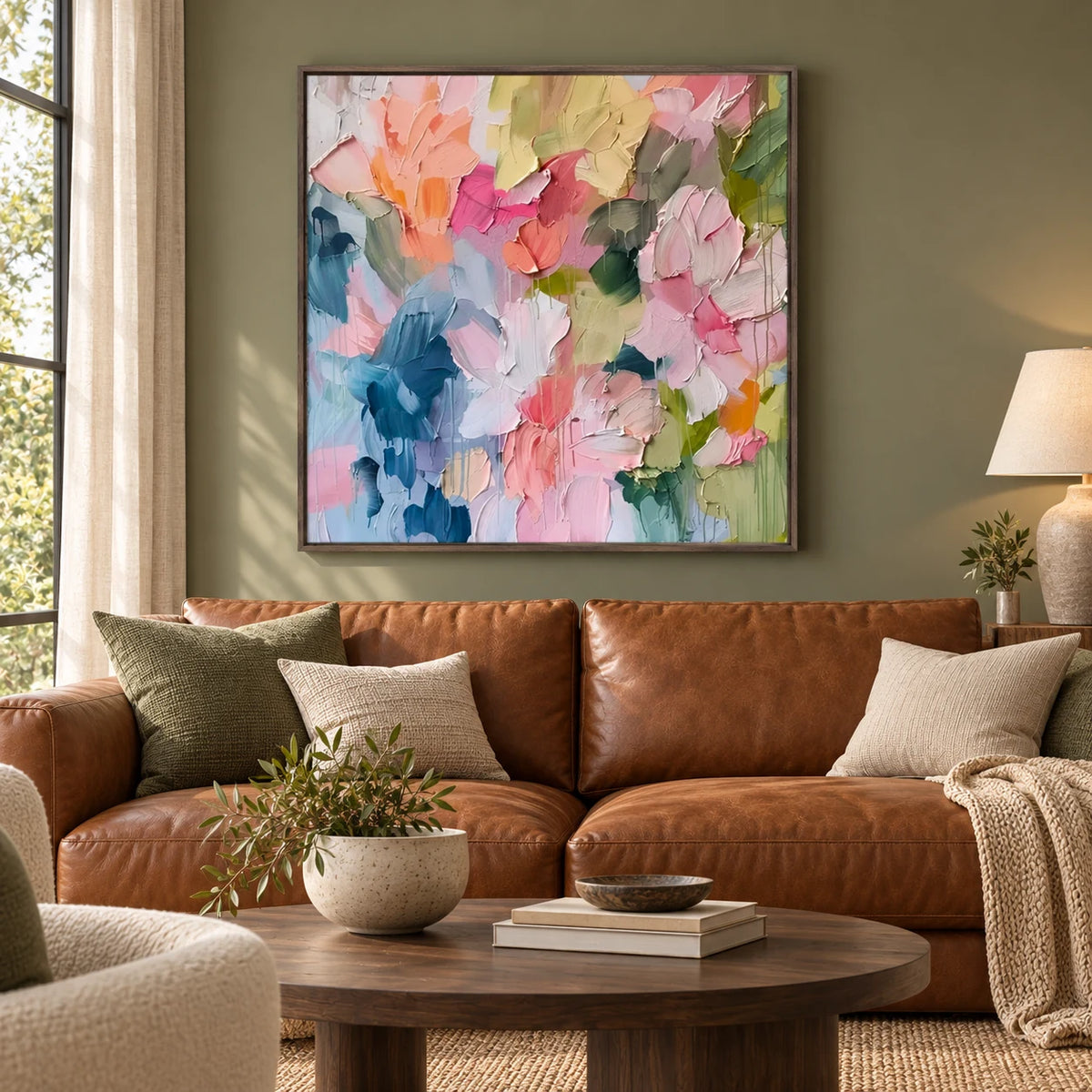 Pastel Abstract Textured Painting MT#2641 — Dark Wood Frame existing room preview