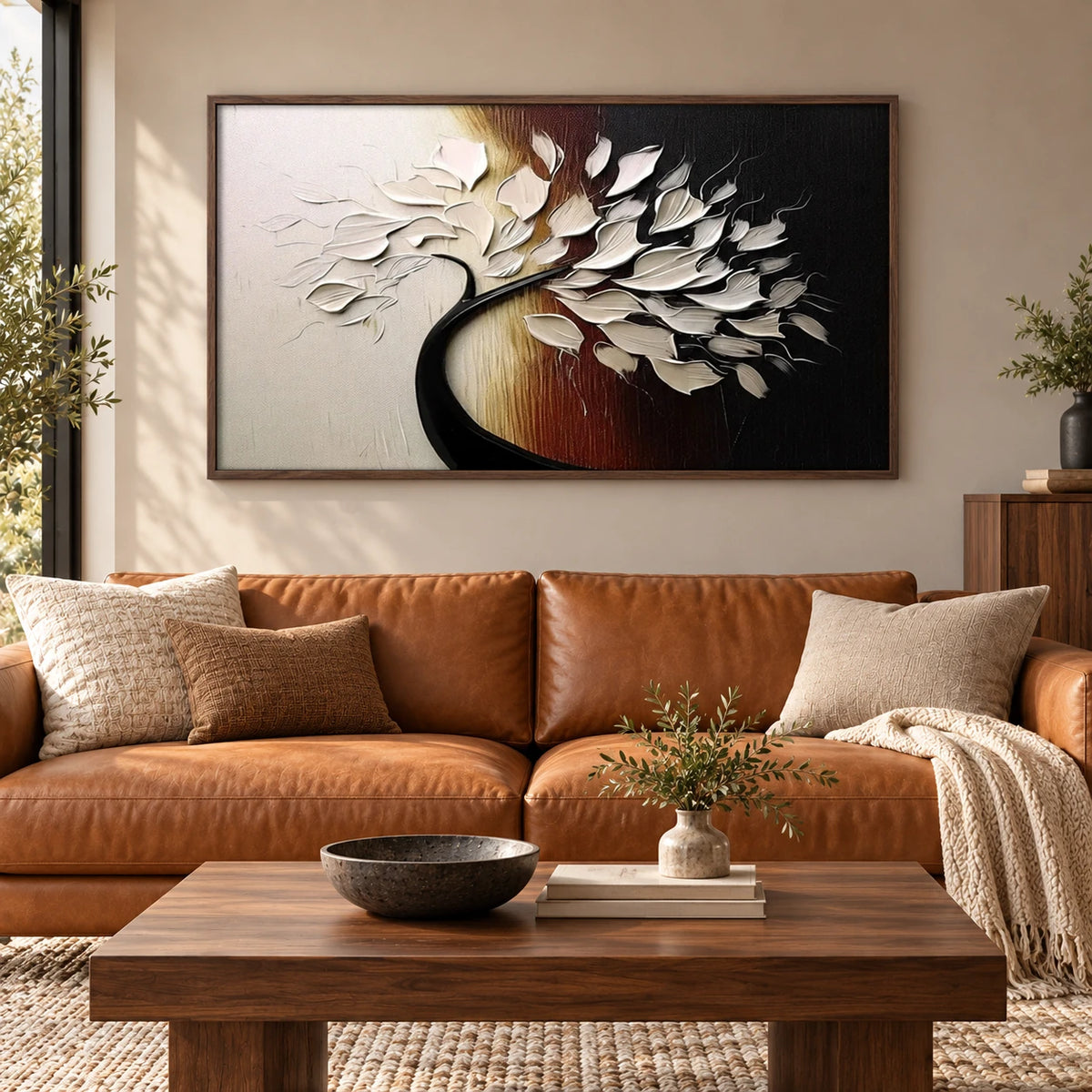 Minimalist Abstract Tree Painting MT#2642 — Dark Wood Frame existing room preview