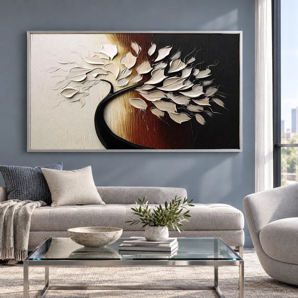Minimalist Abstract Tree Painting MT#2642 — Silver Frame existing room preview