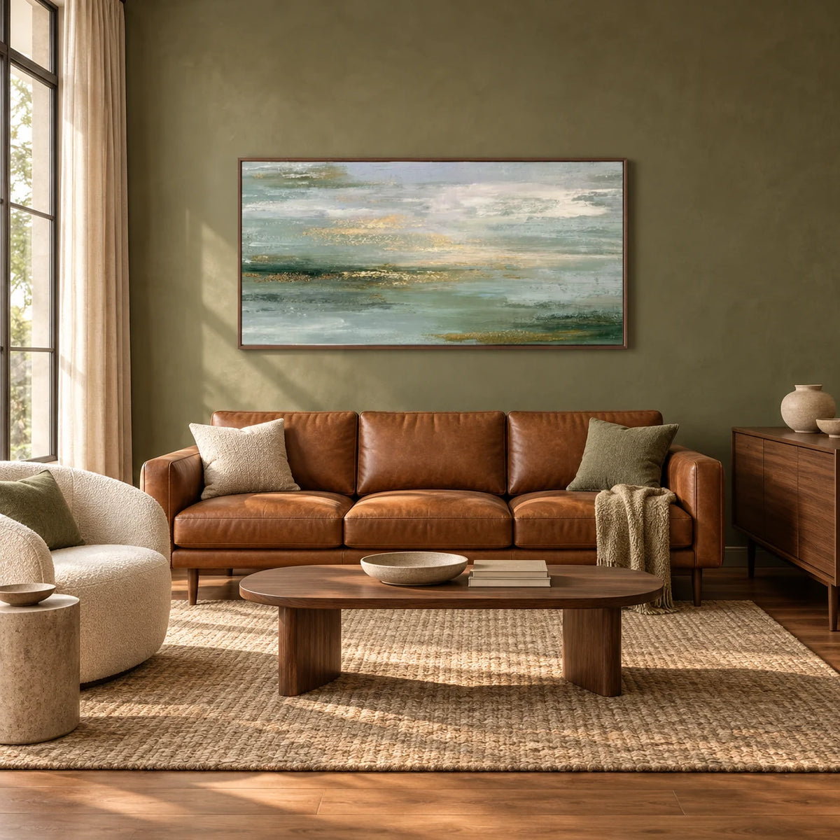 Soft Abstract Landscape Painting MT#2643 — Dark Wood Frame existing room preview
