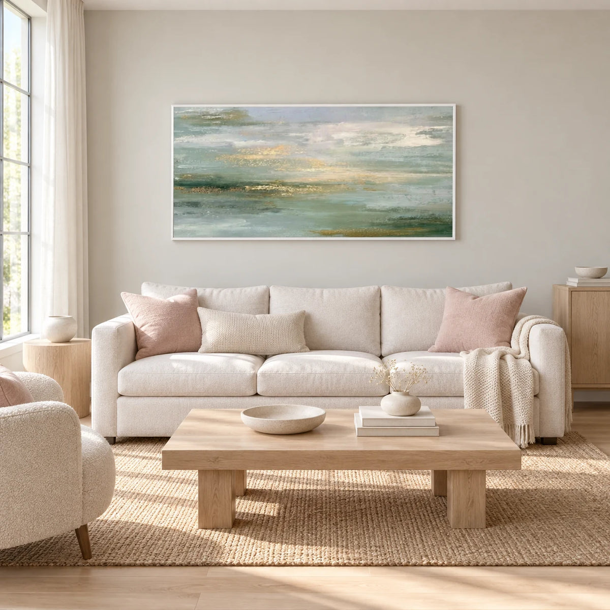 Soft Abstract Landscape Painting MT#2643 — White Frame existing room preview