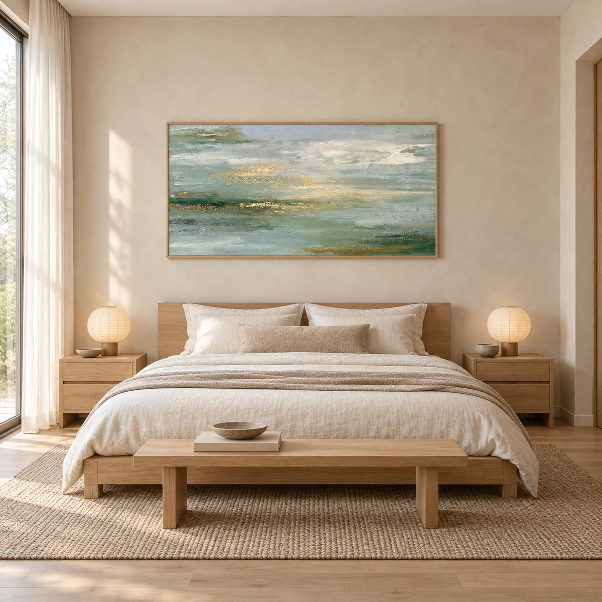 Soft Abstract Landscape Painting MT#2643 — Wood Frame existing room preview