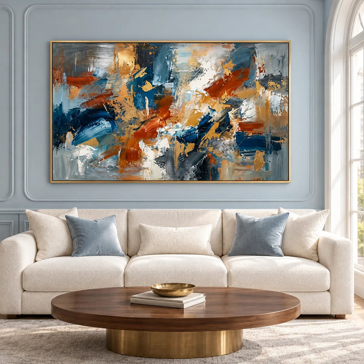 Golden Current - Textured Abstract Wall Art Painting MT#2673 — Gold Frame existing room preview