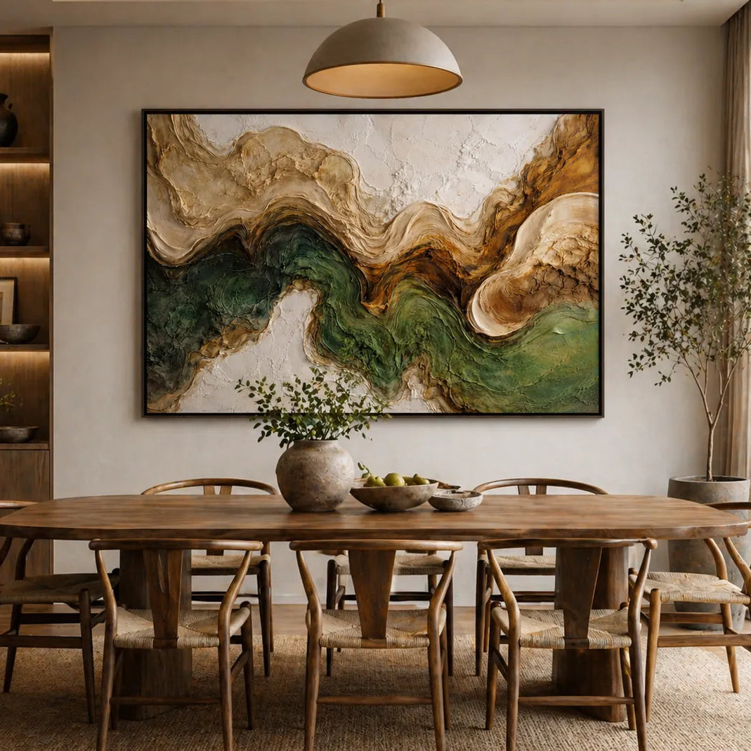 Moss Green Abstract Earth Tone Oil Painting HP#2830 — Existing room preview room preview