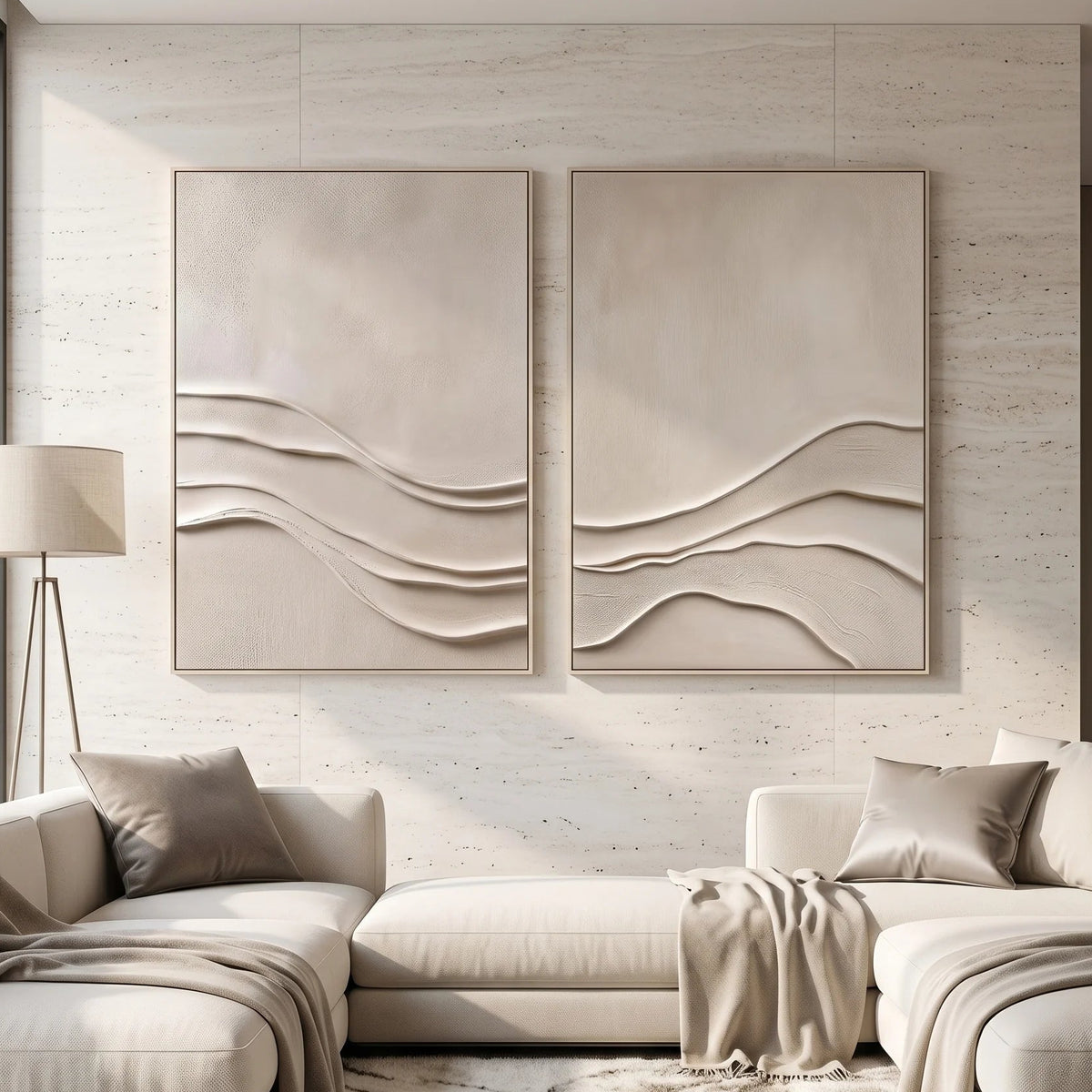 Neutral Relief Diptych Canvas Painting with Wave Lines TA#1215 — Existing room preview room preview