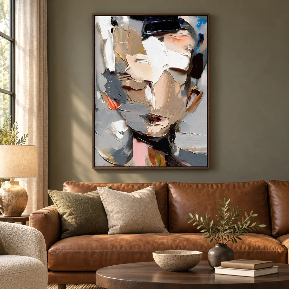 Textured Abstract Face Painting PP#2109 — Dark Wood Frame existing room preview