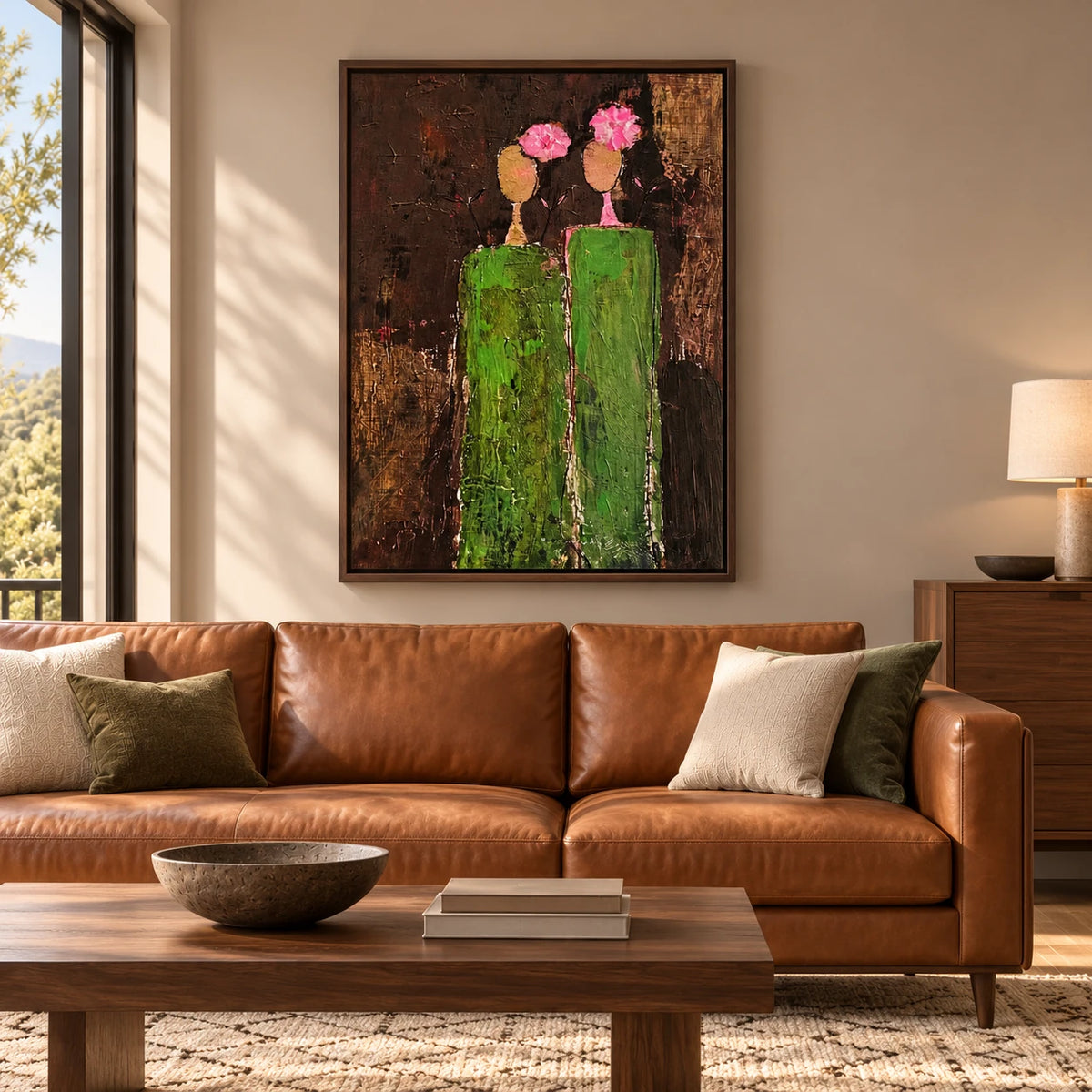 Green Abstract Figure Painting PP#2110 — Dark Wood Frame existing room preview
