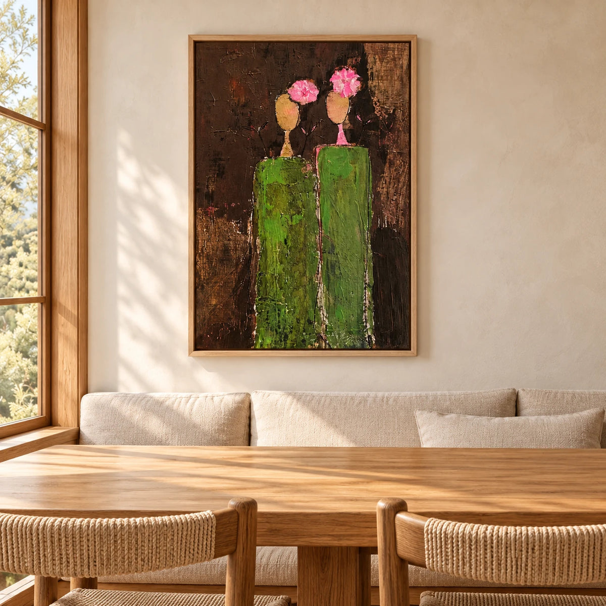 Green Abstract Figure Painting PP#2110 — Wood Frame existing room preview