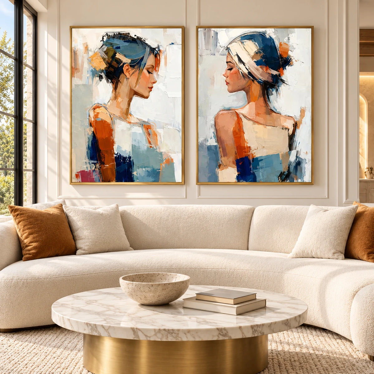 Blue & Amber Abstract Portrait Set PP#2112 — Gold Frame existing room preview