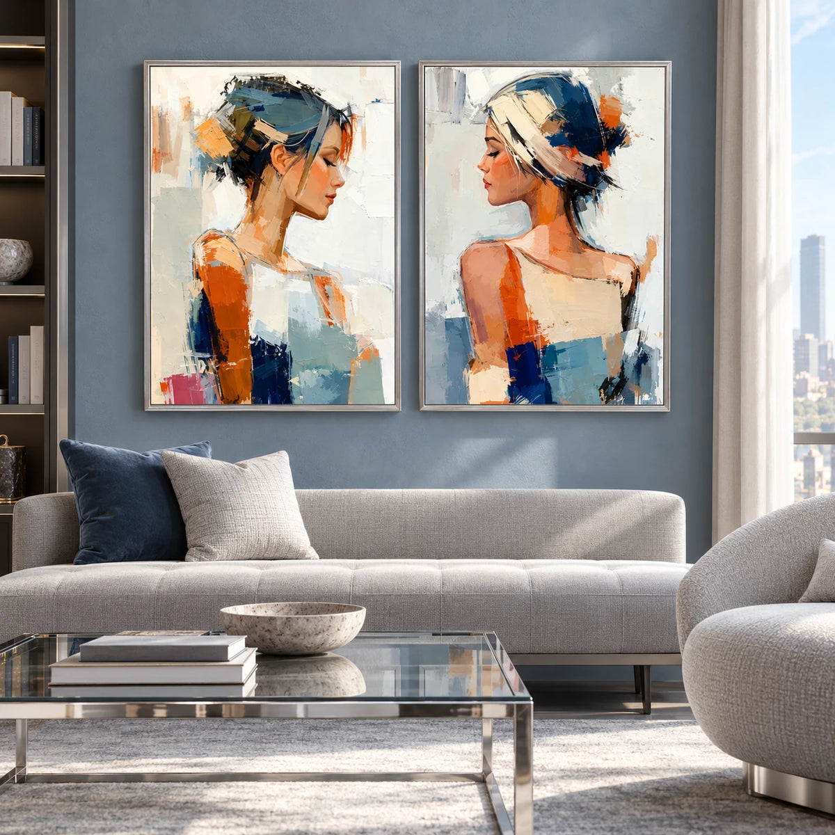 Blue & Amber Abstract Portrait Set PP#2112 — Silver Frame existing room preview