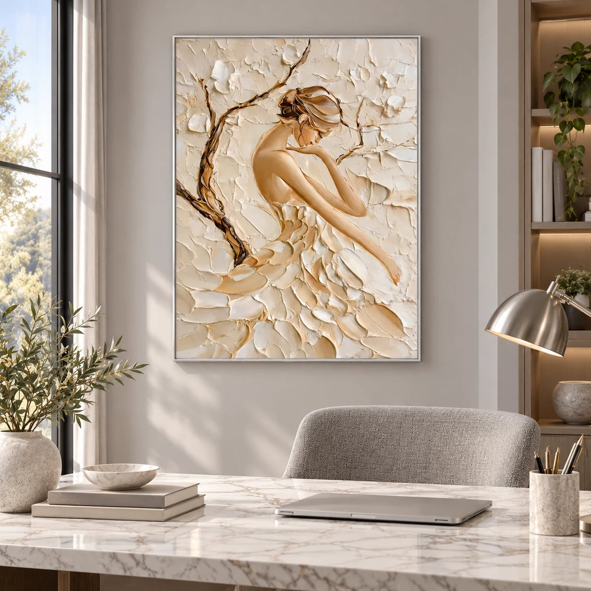 Nude Textured Figure Painting PP#2113 — Silver Frame existing room preview