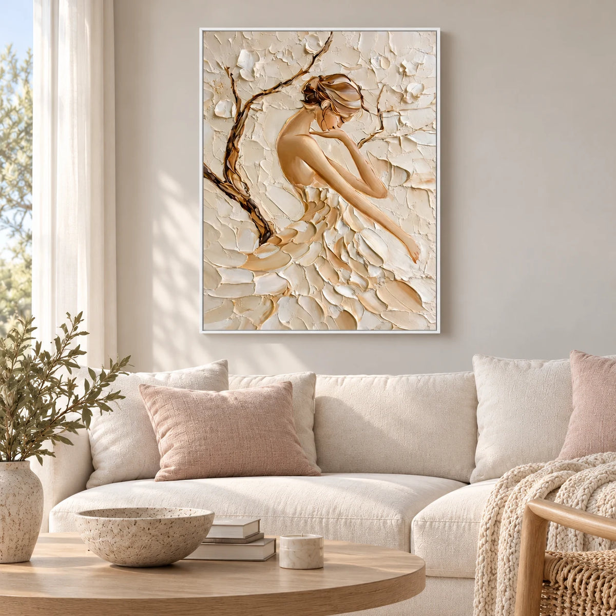 Nude Textured Figure Painting PP#2113 — White Frame existing room preview