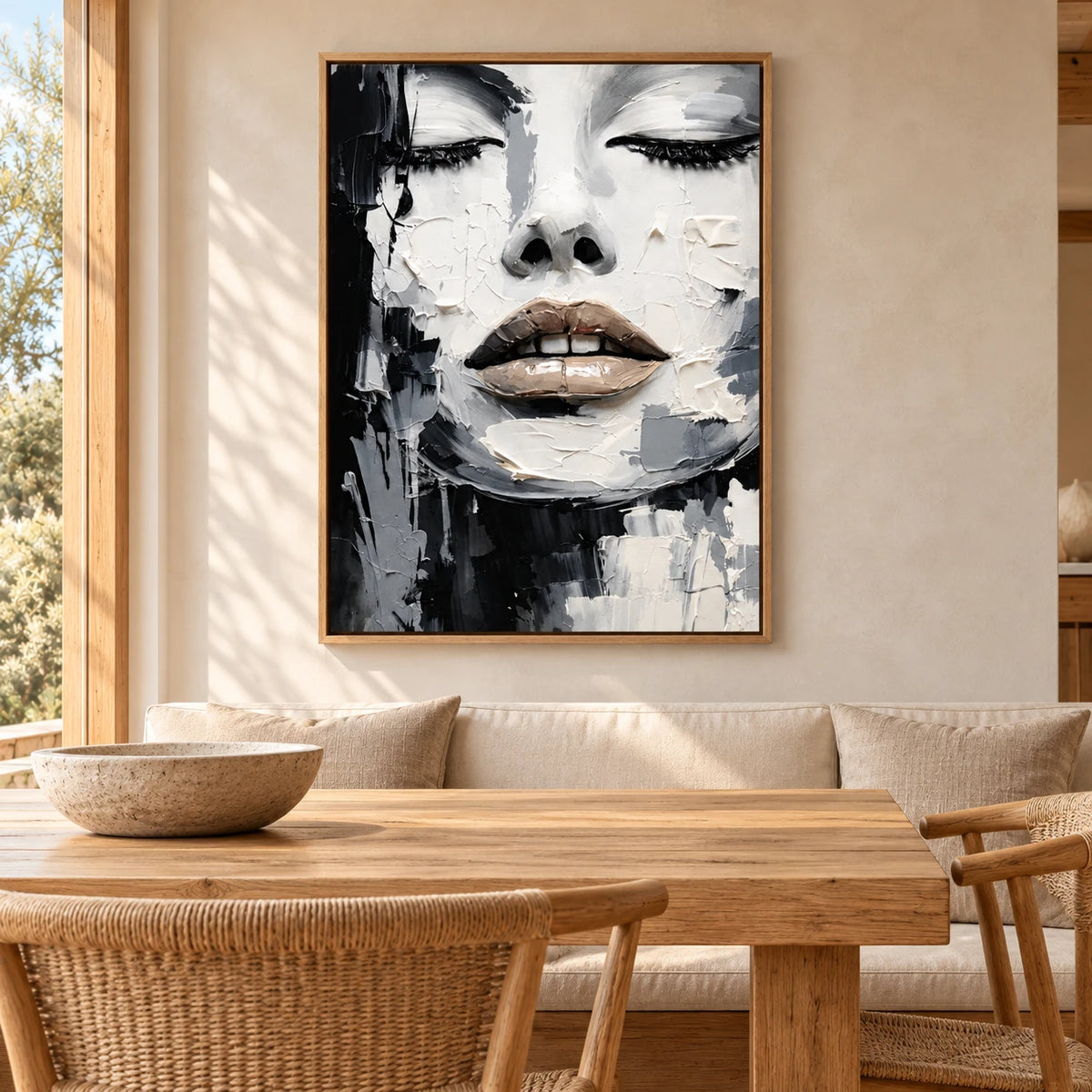 Monochrome Abstract Face Painting PP#2116 — Wood Frame existing room preview