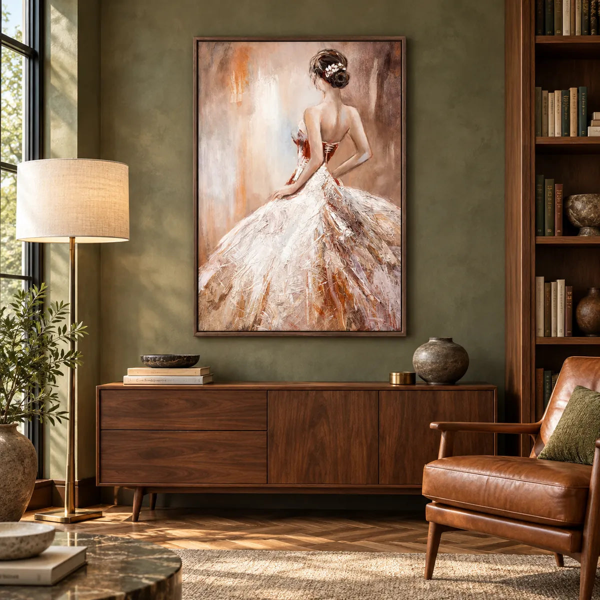 Elegant Back View Dress Painting PP#2118 — Dark Wood Frame existing room preview