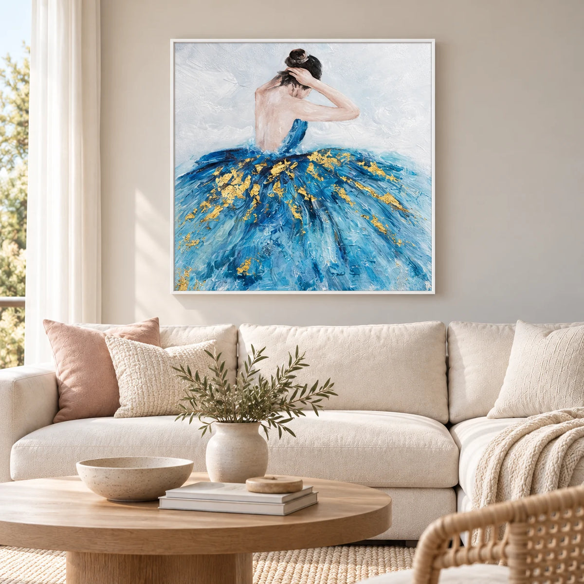 Blue & Gold Ballet Dress Painting PP#2119 — White Frame existing room preview