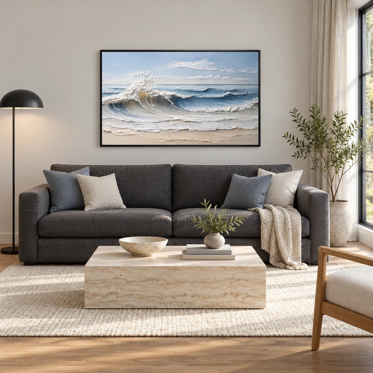 Same room with Quiet Tide Blue Modern Textured Seascape Painting SP#2101 in Black Frame