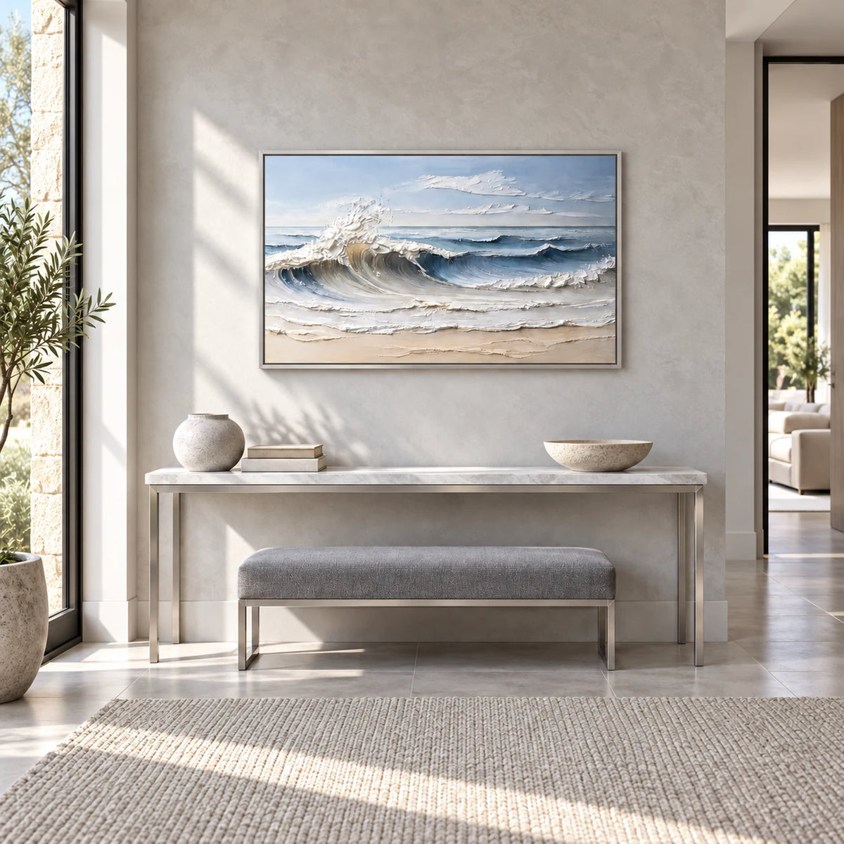 Quiet Tide Blue Modern Textured Seascape Painting SP#2101 — Silver Frame existing room preview
