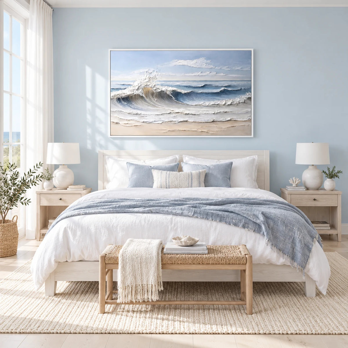 Quiet Tide Blue Modern Textured Seascape Painting SP#2101 — White Frame existing room preview