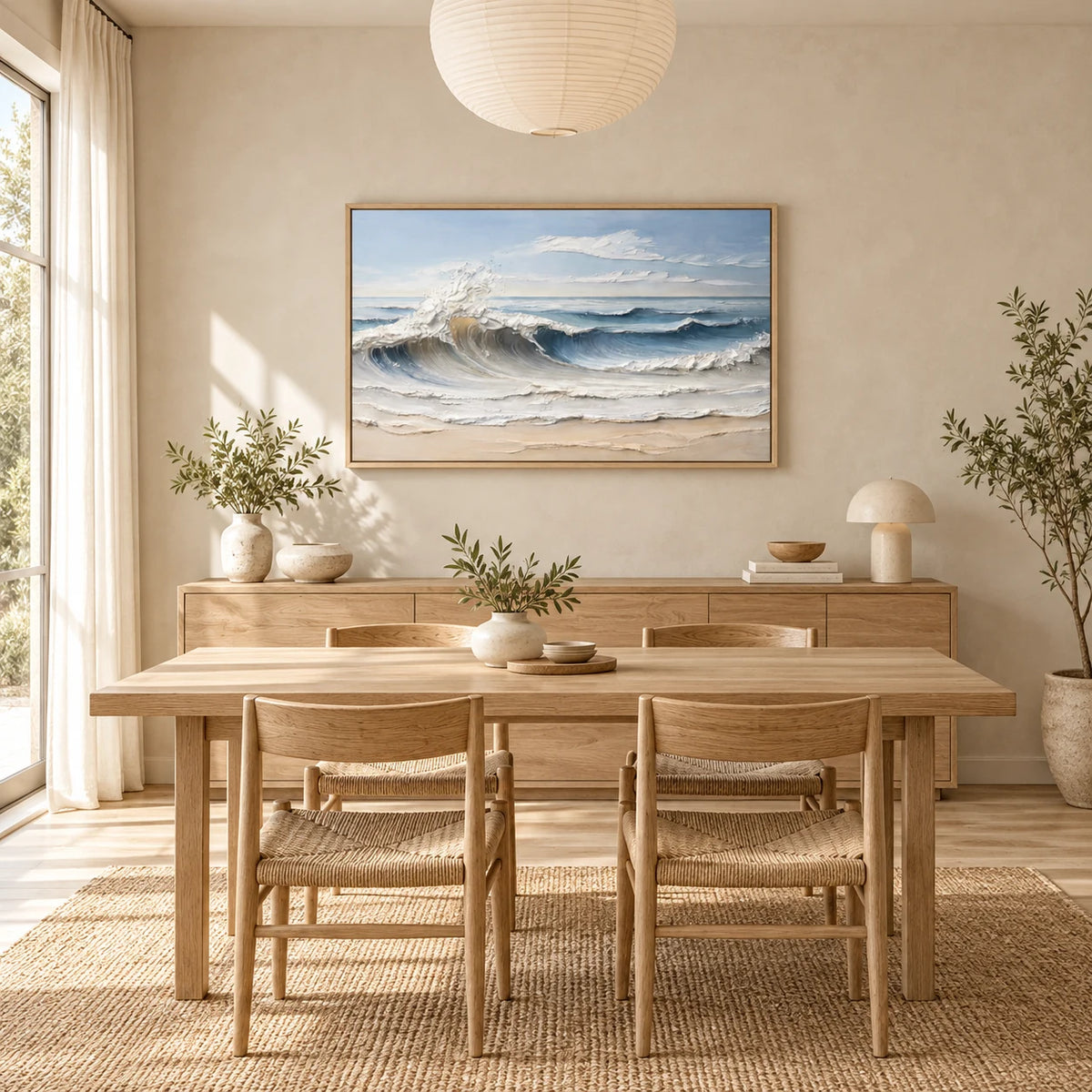 Quiet Tide Blue Modern Textured Seascape Painting SP#2101 — Wood Frame existing room preview