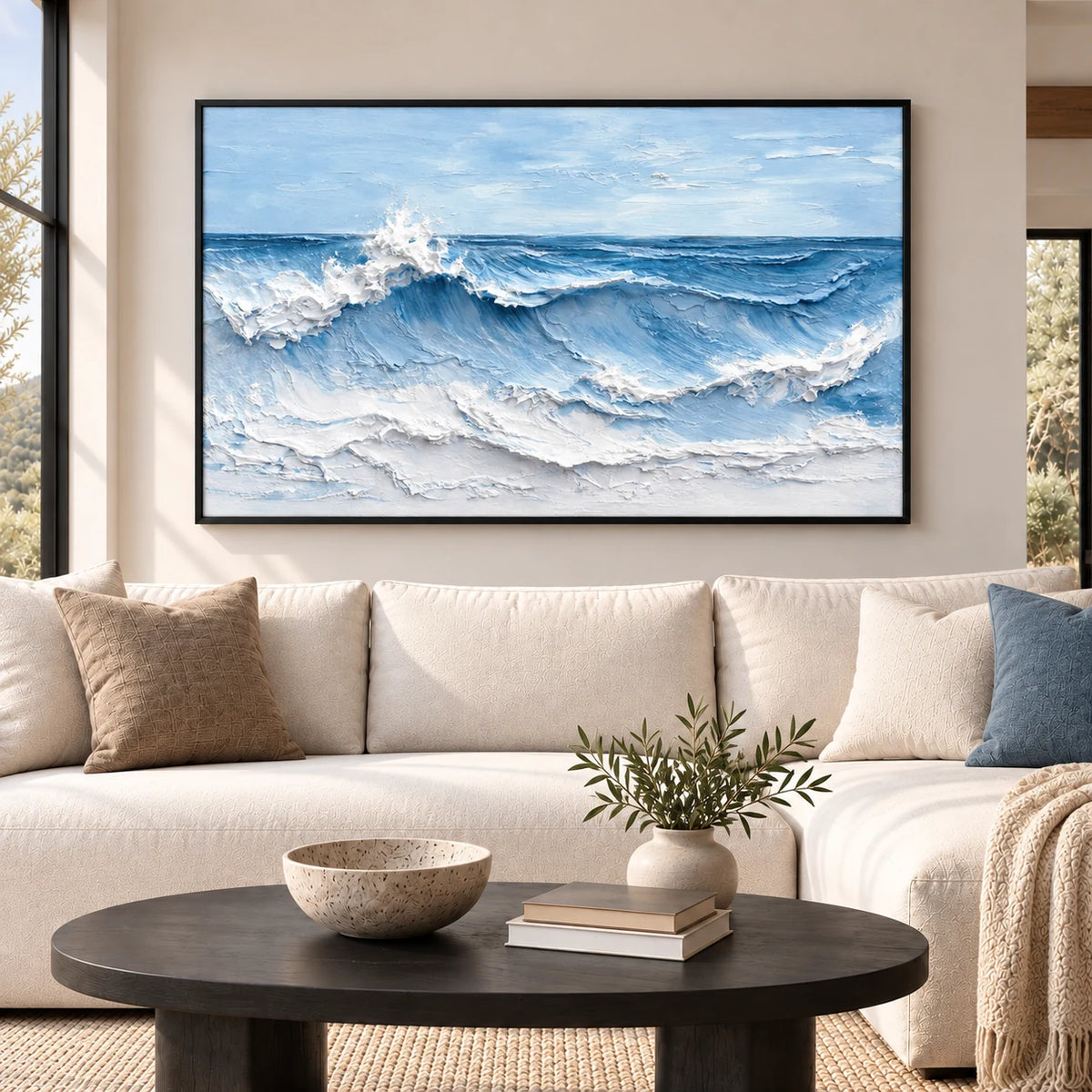 Skyfall Blue Textured Wave Painting SP#2102 — Existing room preview room preview