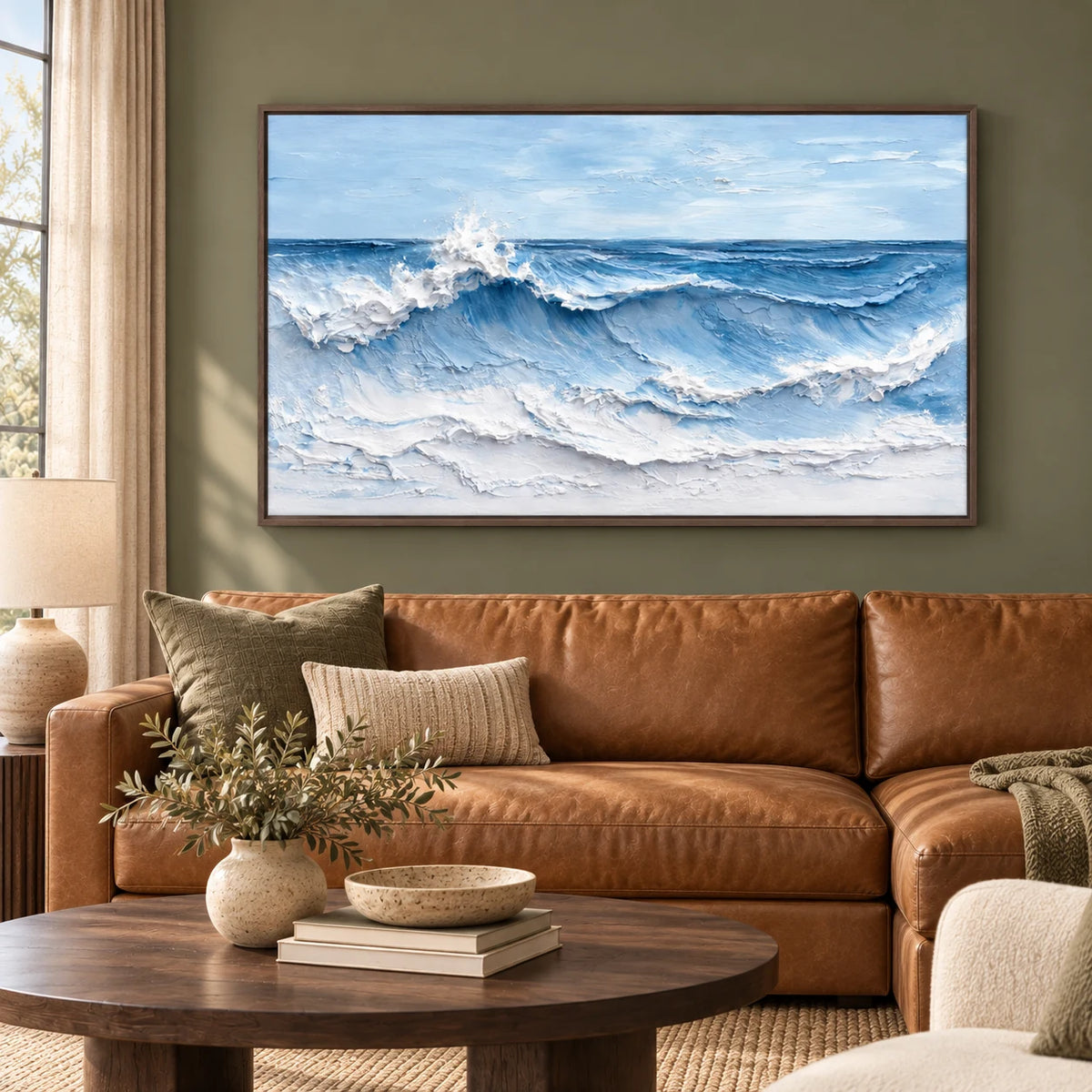 Skyfall Blue Textured Wave Painting SP#2102 — Dark Wood Frame existing room preview