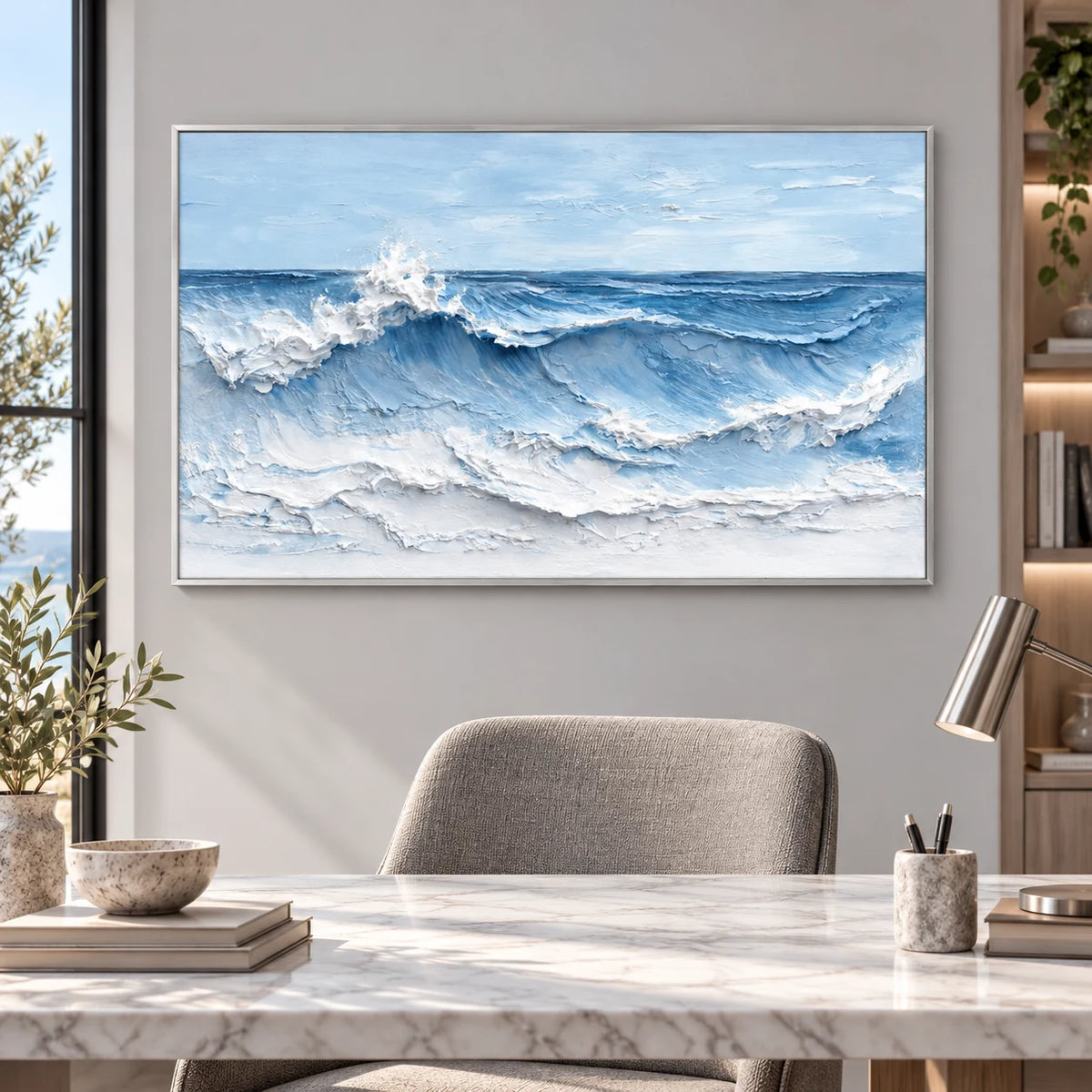 Skyfall Blue Textured Wave Painting SP#2102 — Silver Frame existing room preview