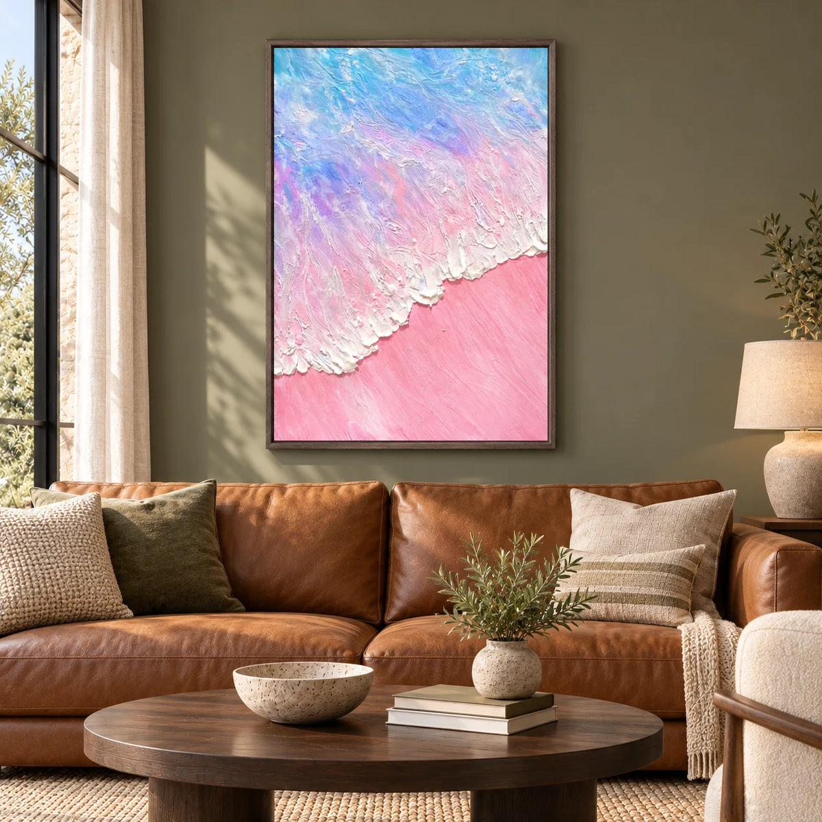 Dawn Blush-Pink Abstract Painting SP#2104 — Dark Wood Frame existing room preview
