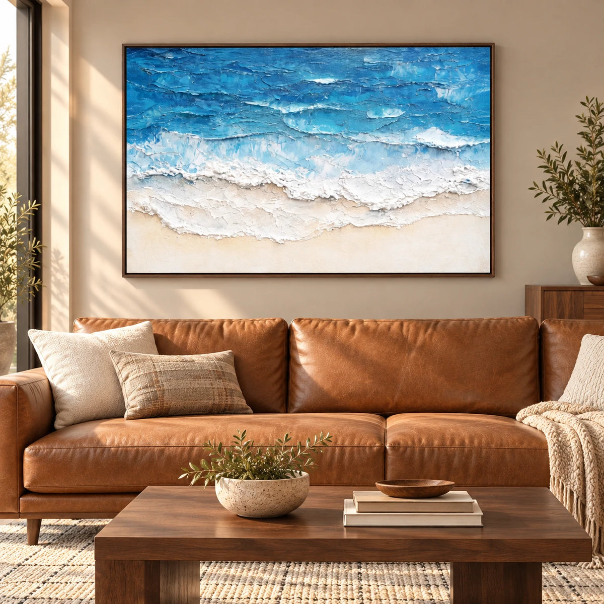 Azure Shoreline Textured Abstract Painting SP#2105 — Dark Wood Frame existing room preview