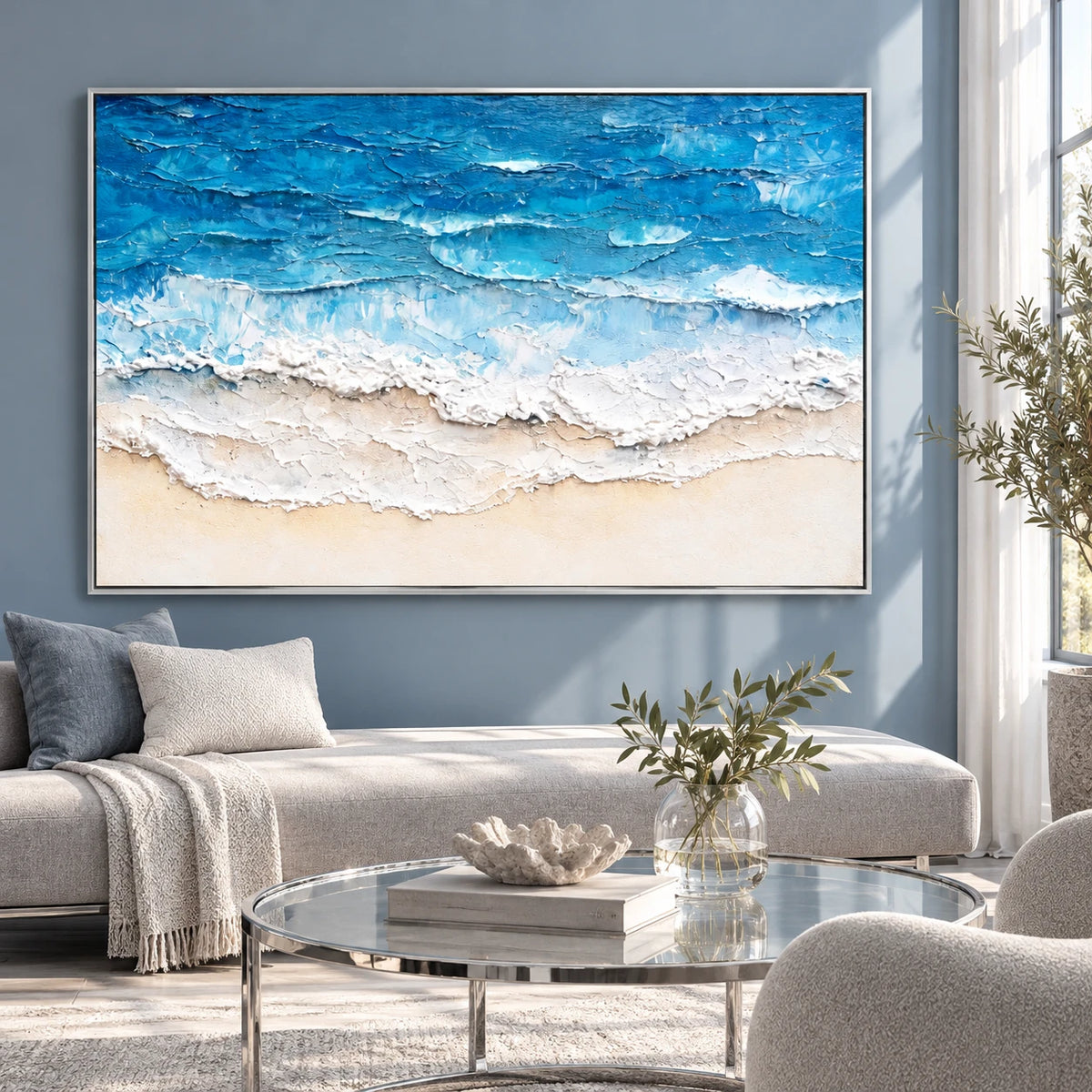Azure Shoreline Textured Abstract Painting SP#2105 — Silver Frame existing room preview