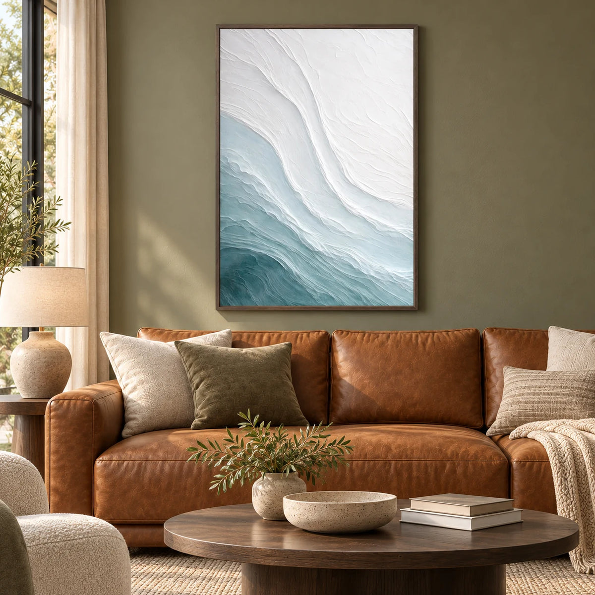 Ivory Glacier Flow Abstract Painting SP#2106 — Dark Wood Frame existing room preview