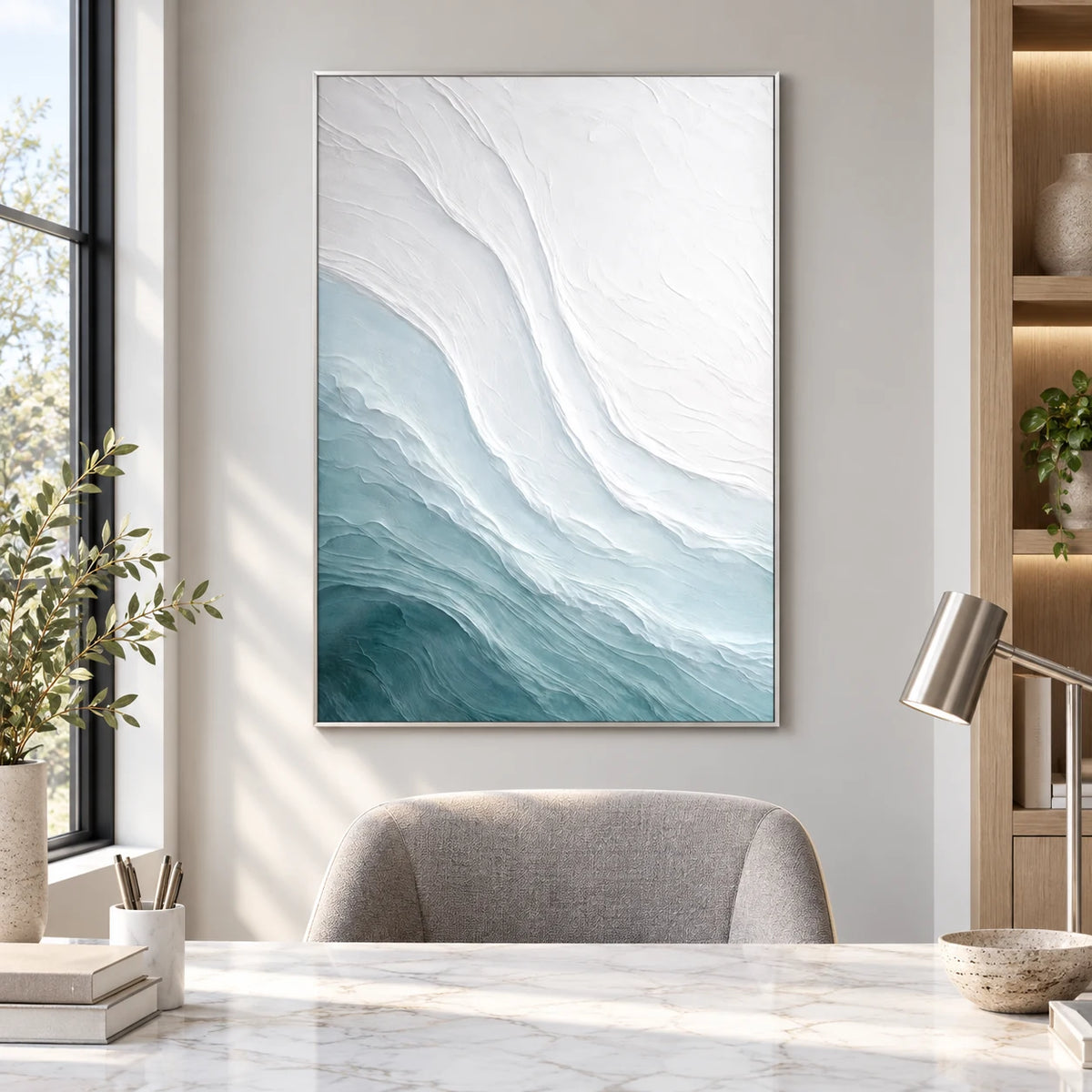 Ivory Glacier Flow Abstract Painting SP#2106 — Silver Frame existing room preview