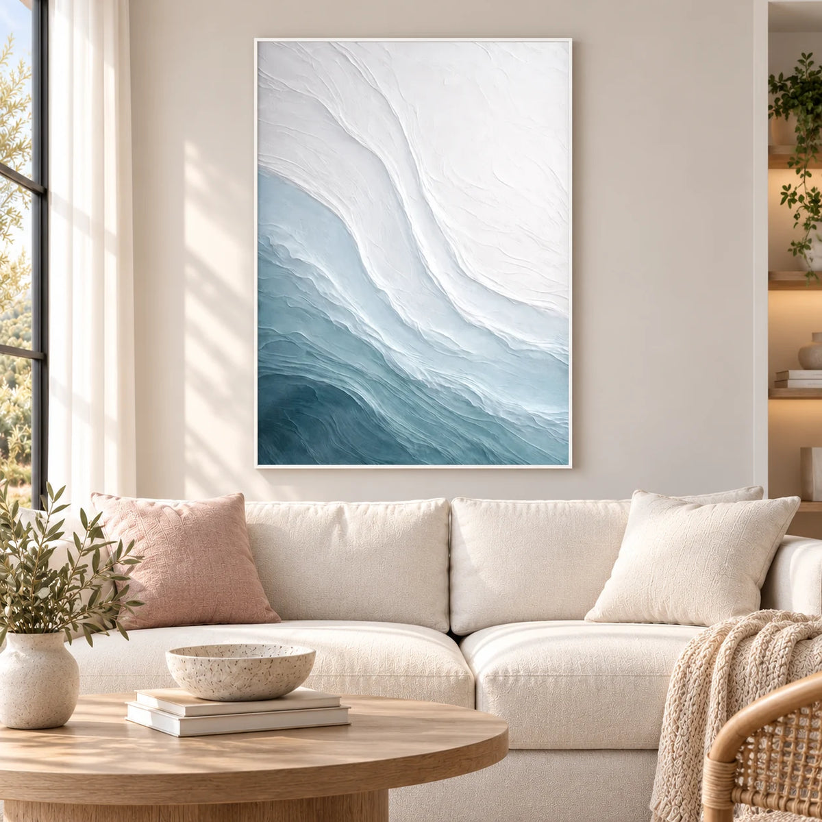 Ivory Glacier Flow Abstract Painting SP#2106 — White Frame existing room preview