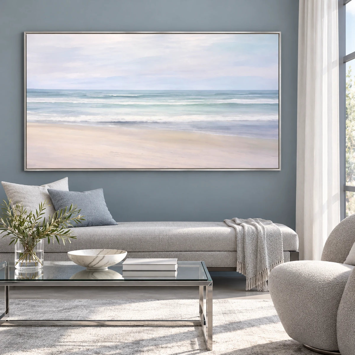 Soft Horizon Coastal Landscape Painting SP#2107 — Silver Frame existing room preview