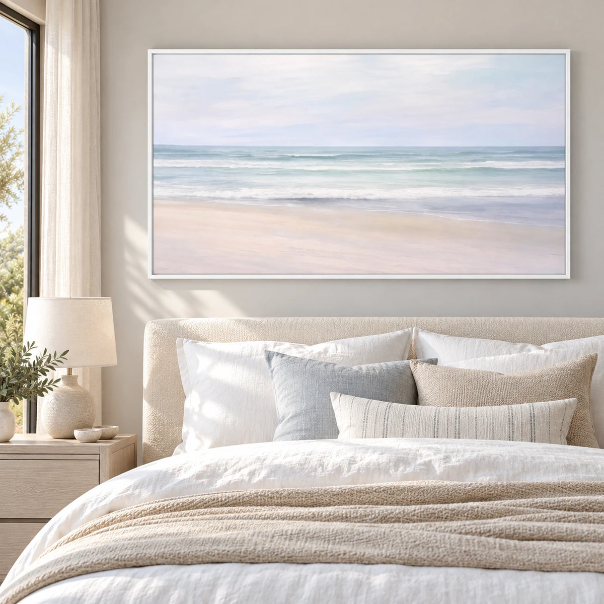 Soft Horizon Coastal Landscape Painting SP#2107 — White Frame existing room preview