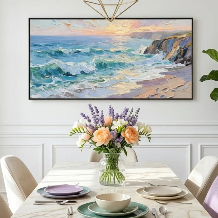 Sunset Coastal Seascape Textured Canvas Wall Art Painting TA#1201 — Existing room preview room preview
