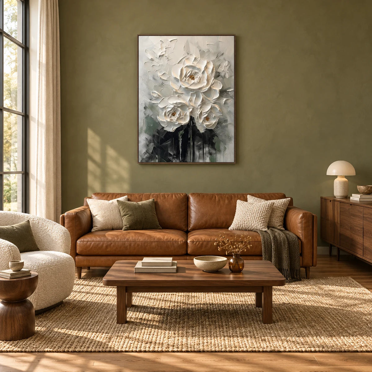 Ethereal White Peony Thick Impasto Floral Art TA#030501 — Dark Wood Frame existing room preview