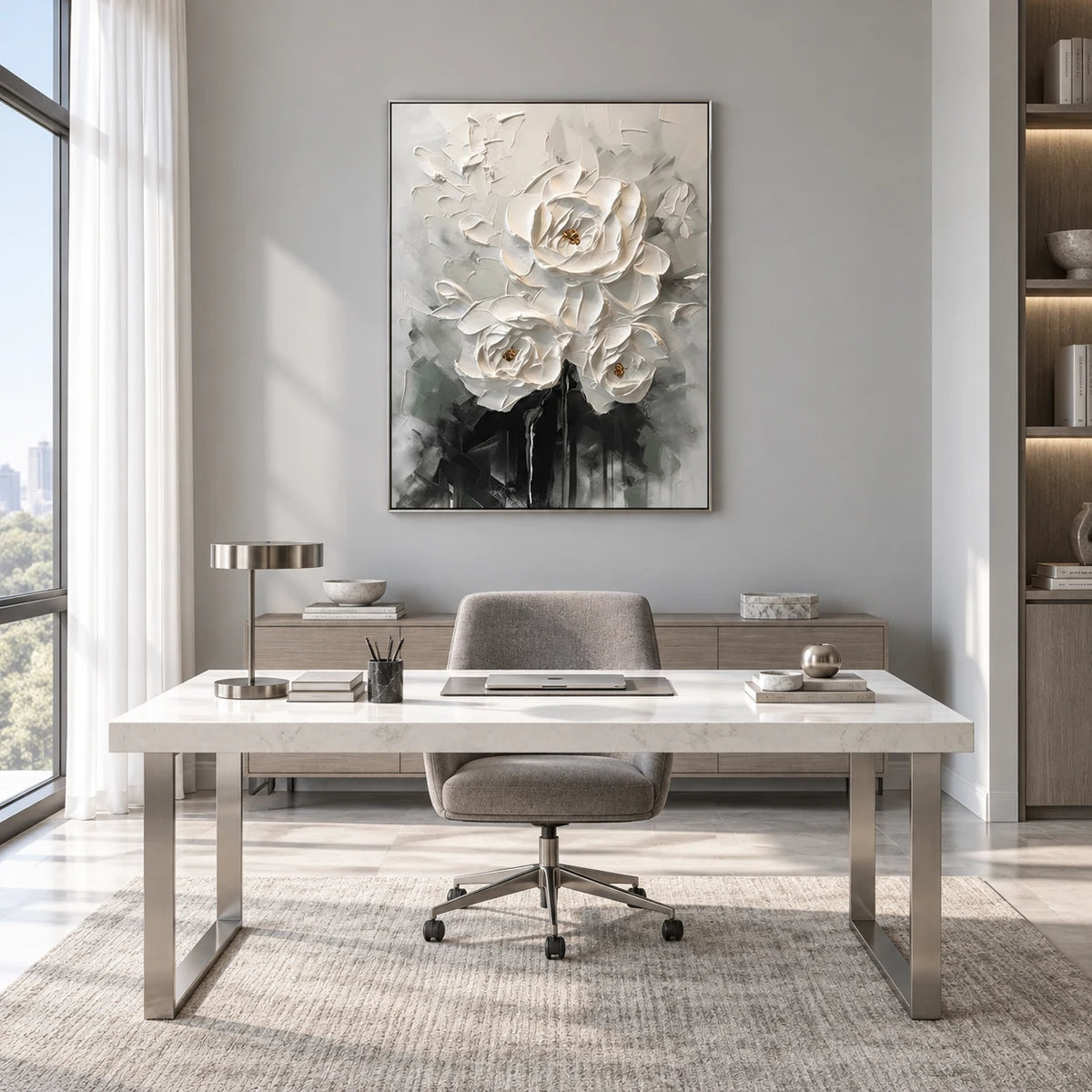 Ethereal White Peony Thick Impasto Floral Art TA#030501 — Silver Frame existing room preview