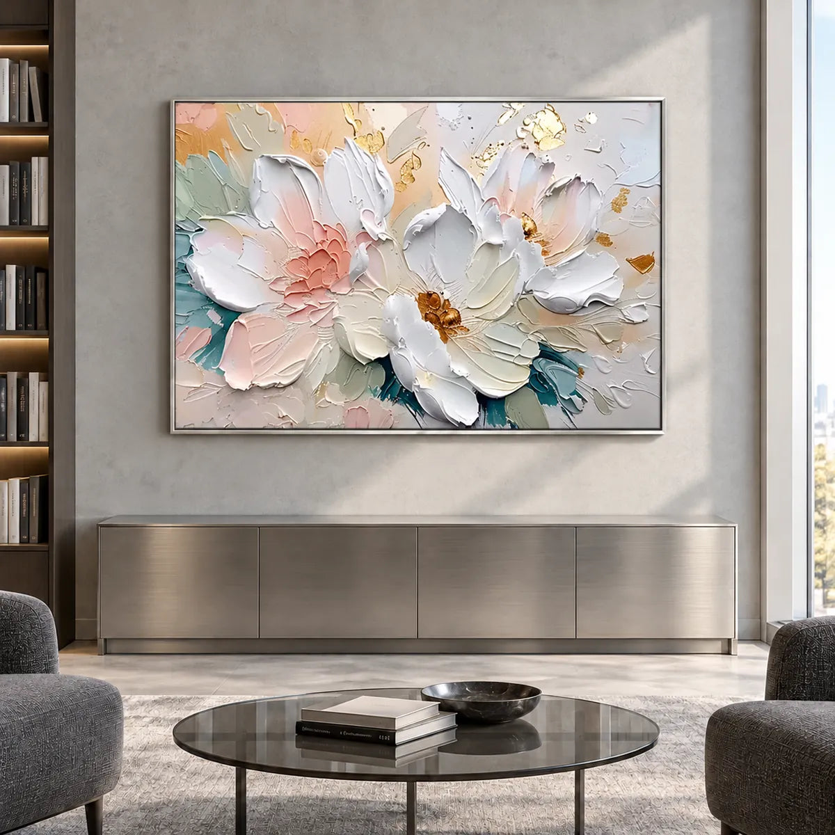 Blush & Gold Peony Thick Impasto Floral Canvas Art TA#030505 — Silver Frame existing room preview