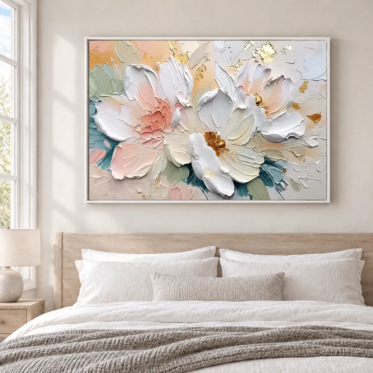 Blush & Gold Peony Thick Impasto Floral Canvas Art TA#030505 — White Frame existing room preview