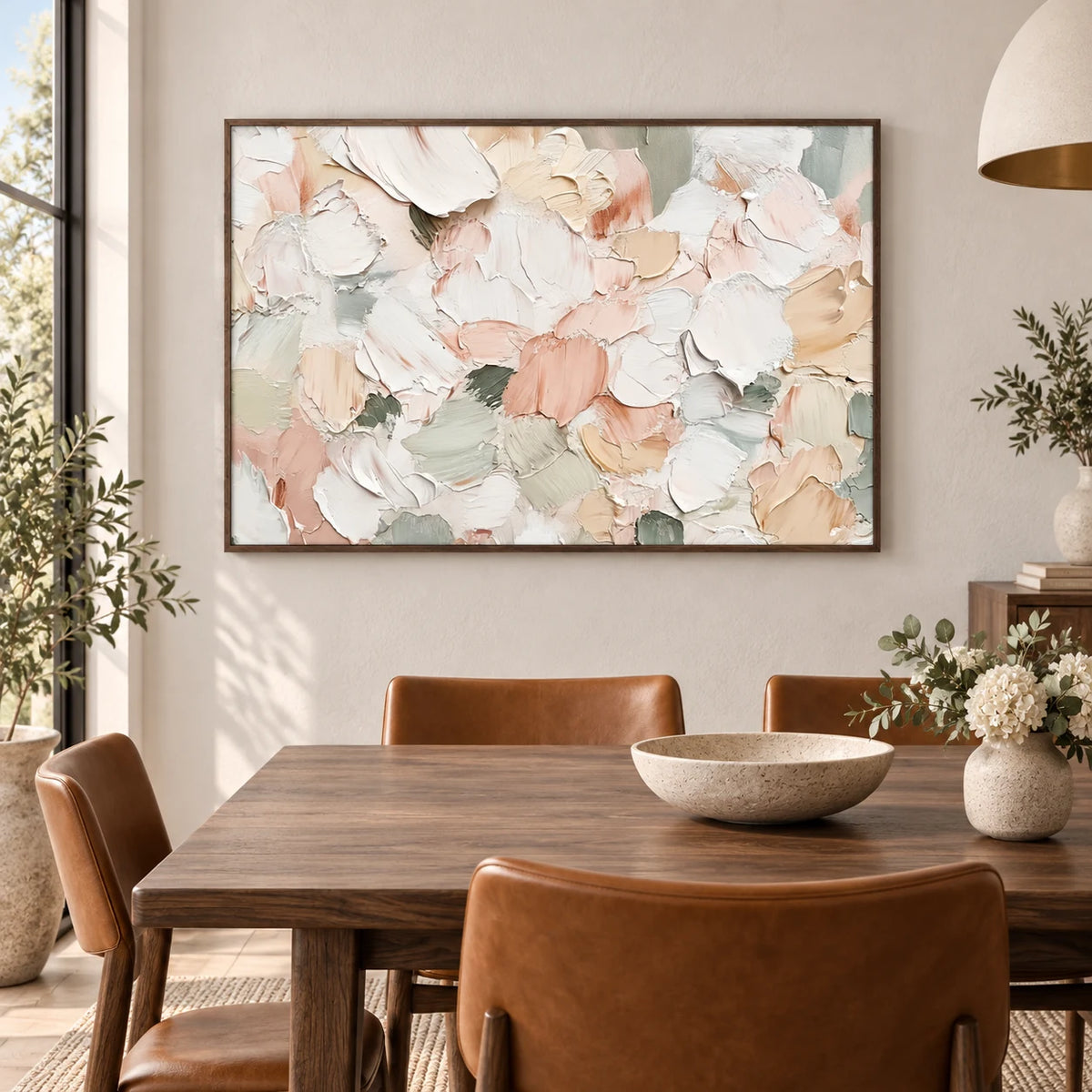 Blush Petal Palette Thick Impasto Abstract Floral Art TA#030506 — Dark Wood Frame existing room preview