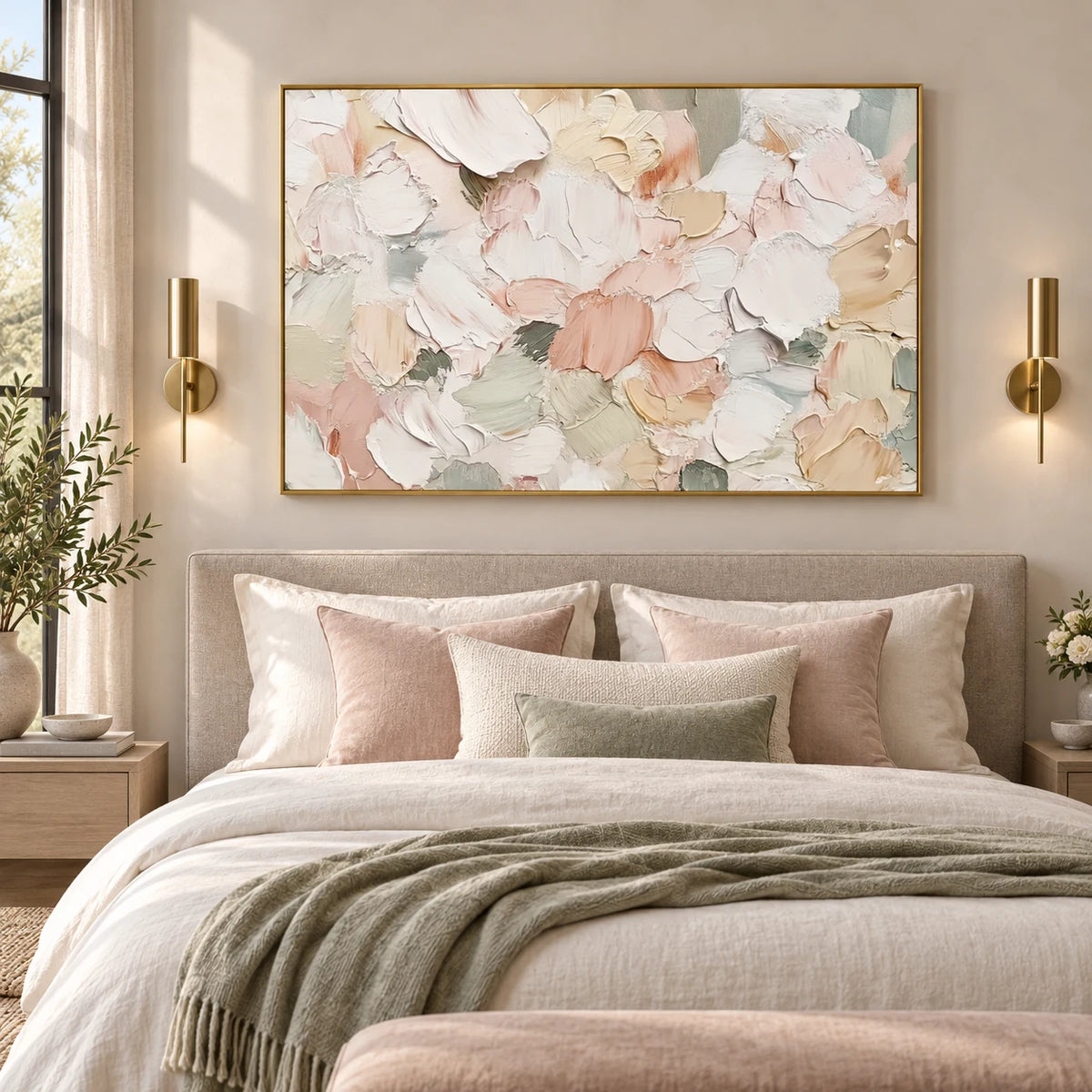 Blush Petal Palette Thick Impasto Abstract Floral Art TA#030506 — Gold Frame existing room preview