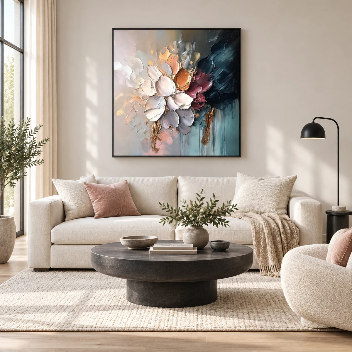 Same room with Moody Bloom Textured Abstract Floral Art TA#030510 in Black Frame