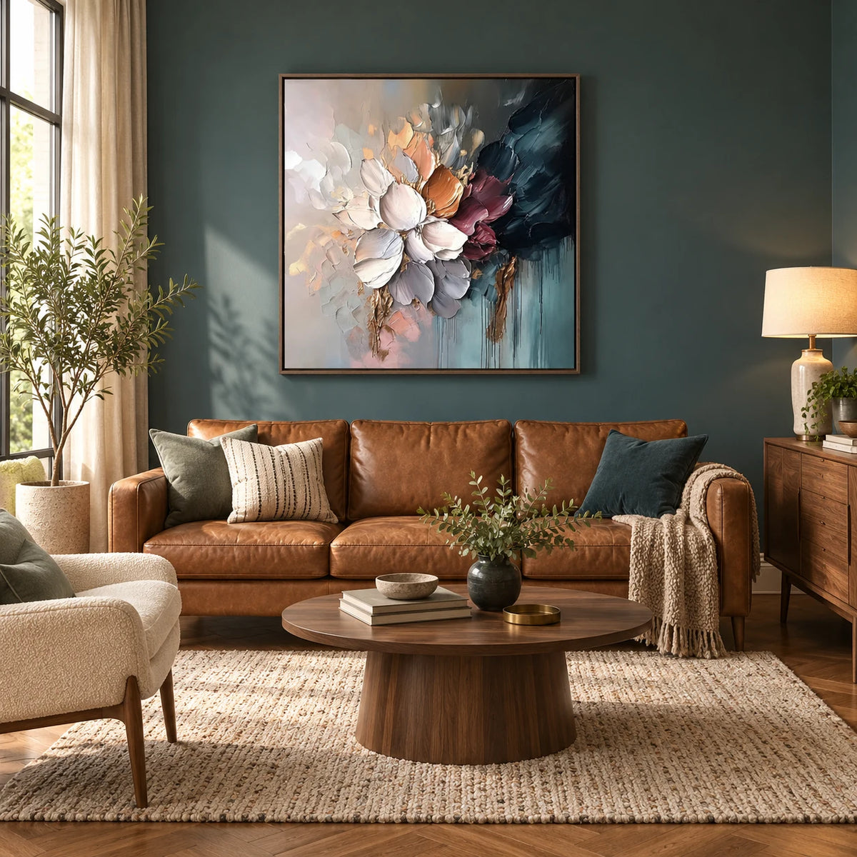 Moody Bloom Textured Abstract Floral Art TA#030510 — Dark Wood Frame existing room preview