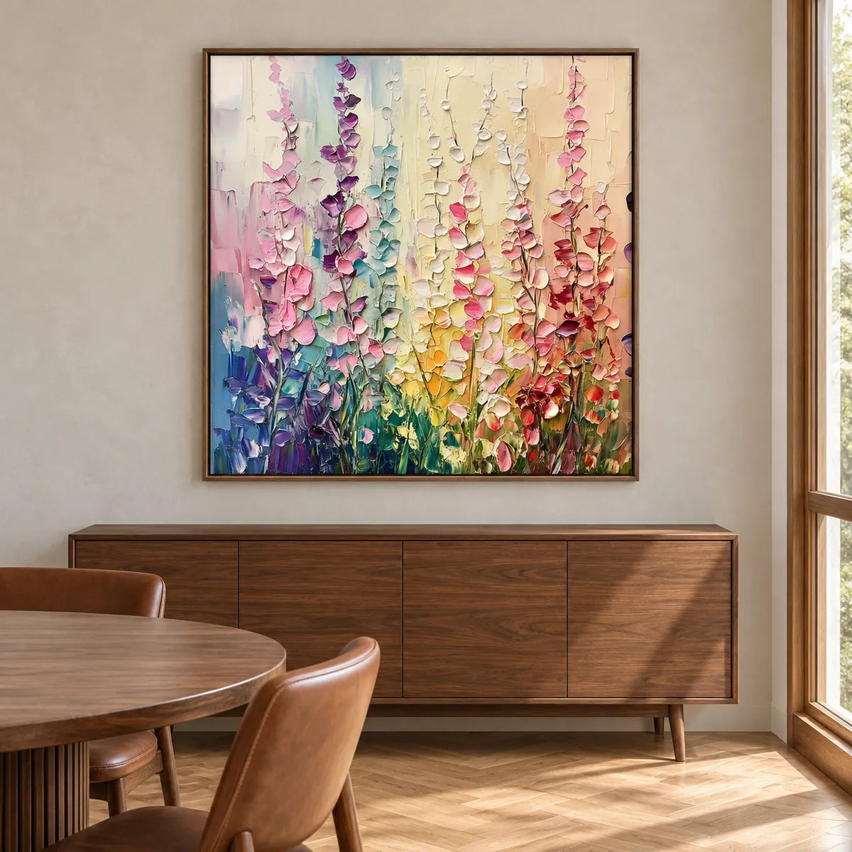 Rainbow Lupine Field Impasto Floral Canvas Art TA#030511 — Dark Wood Frame existing room preview
