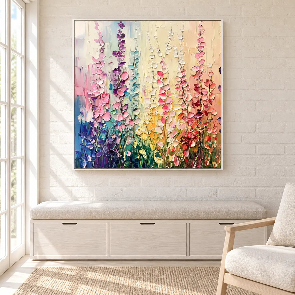 Rainbow Lupine Field Impasto Floral Canvas Art TA#030511 — White Frame existing room preview