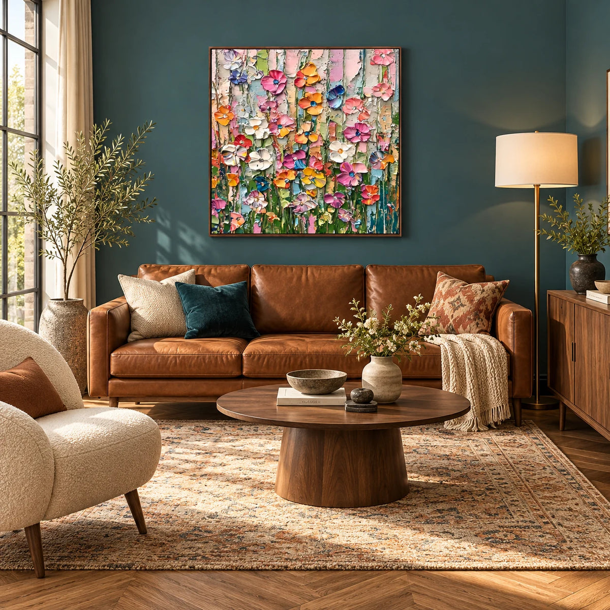 Candy Bloom Textured Impasto Floral Canvas Art TA#030513 — Dark Wood Frame existing room preview