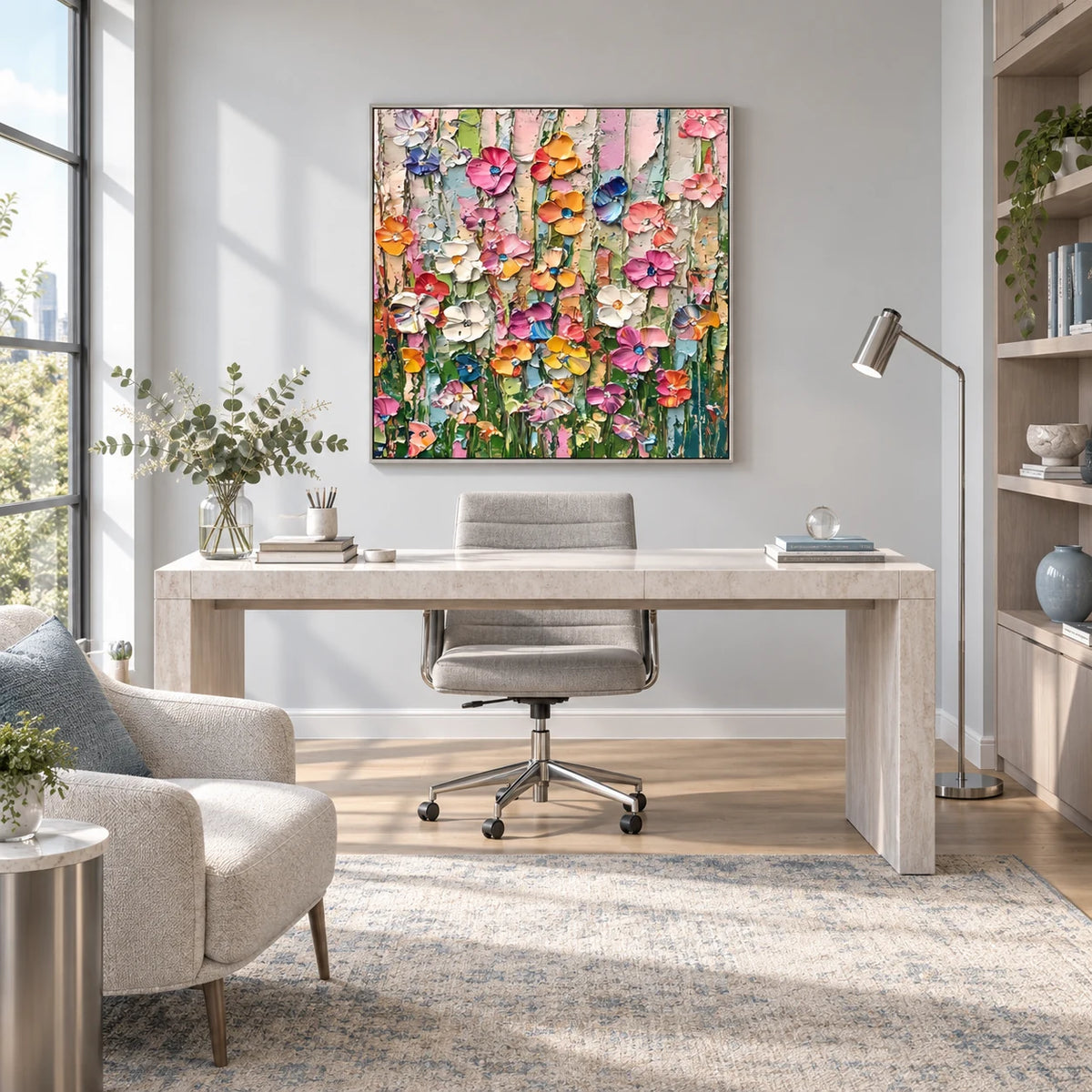 Candy Bloom Textured Impasto Floral Canvas Art TA#030513 — Silver Frame existing room preview